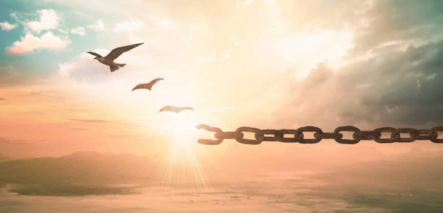 Zerbrochene Kette vor Sonnenaufgang mit frei fliegenden Vögeln