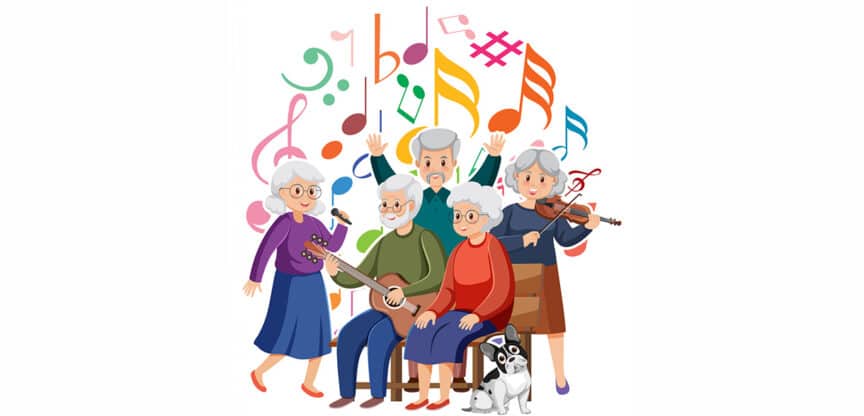 Illustration einer fröhlichen Gruppe älterer Menschen, die gemeinsam musizieren. Eine Frau singt mit einem Mikrofon, ein Mann spielt Gitarre, eine andere Frau spielt Geige, während ein weiterer Mann dirigiert. Bunte Musiknoten umgeben die Szene, ein kleiner Hund sitzt daneben.
