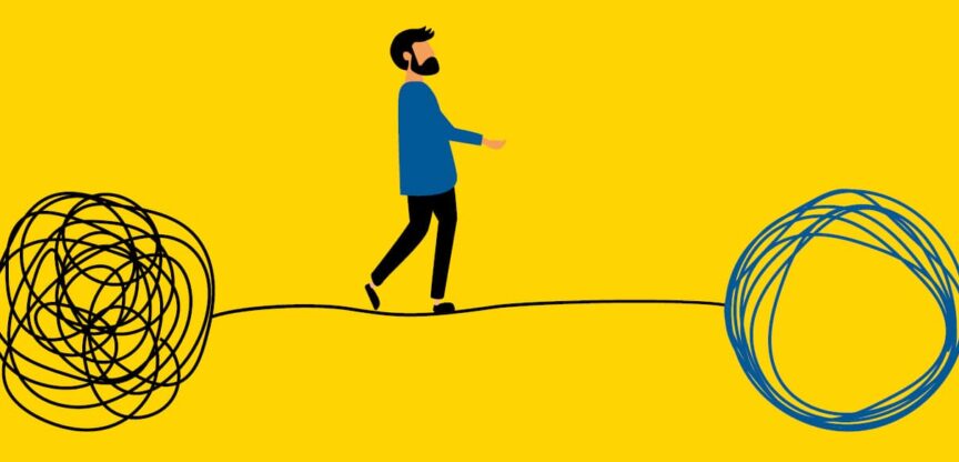 Gezeichneter Mann mit Bart balanciert auf einer Linie von einem unordentlichen Knäuel hin zu einem ordentlich aufgerolltem.