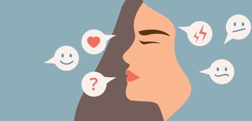 Illustration eines Frauenprofils, umgeben von Sprechblasen mit Smileys und anderen Symbolen.