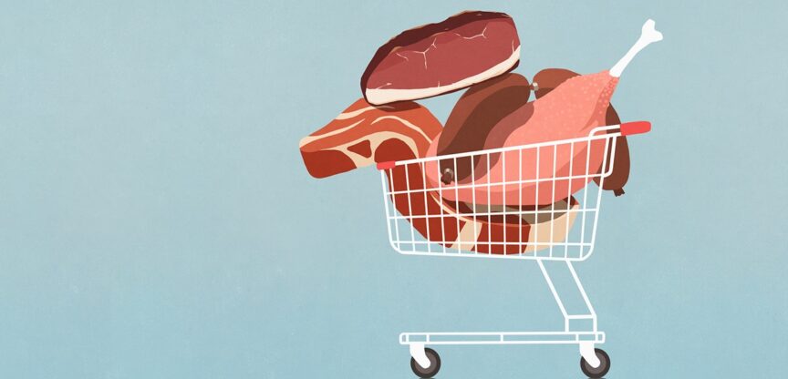 Illustration mit Einkaufswagerl voller riesiger Fleischstücke.