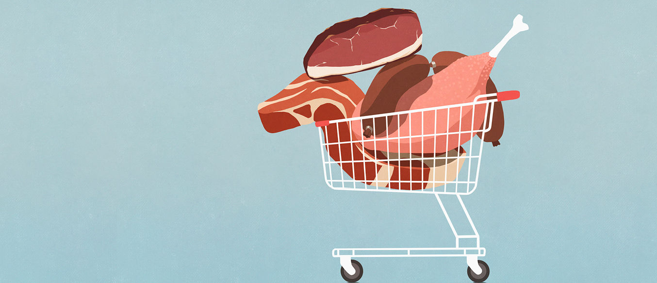 Illustration mit Einkaufswagerl voller riesiger Fleischstücke.