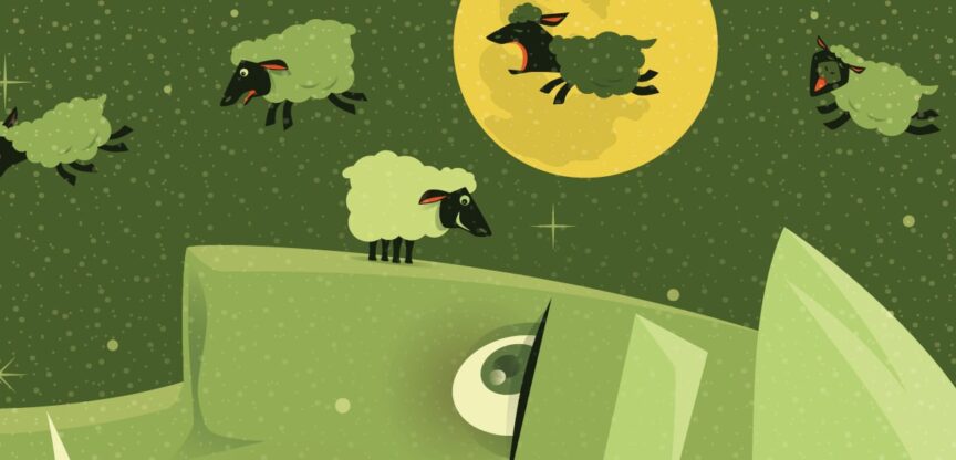 Illustration: Grünes sorgenvolles Gesicht im Profil und Schäfchen.