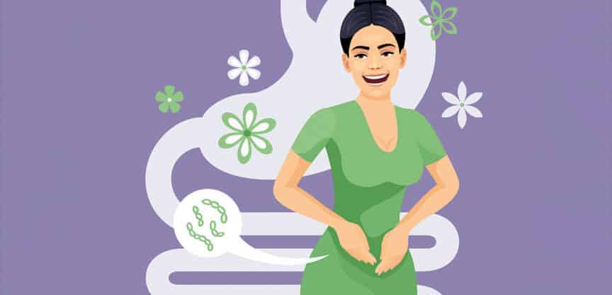 Illustration einer lachenden Frau in grünem Kleid mit gesunder Darmflora, symbolisiert durch Bakterien und Blüten.