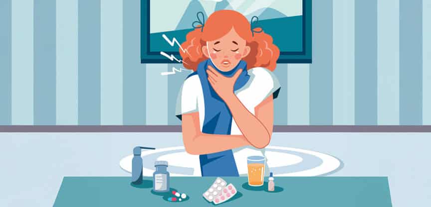 Illustration einer kranken Frau mit Halsschmerzen, umgeben von Medikamenten.