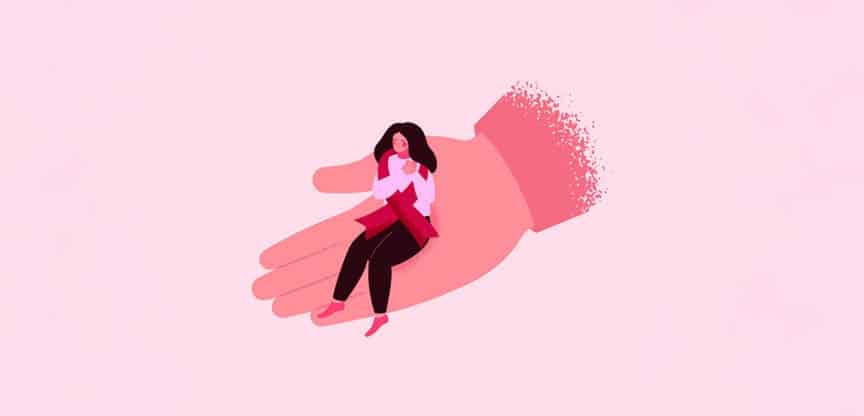 Illustration einer kranken Frau mit dunklen Haaren, die auf einer helfenden Hand sitzt