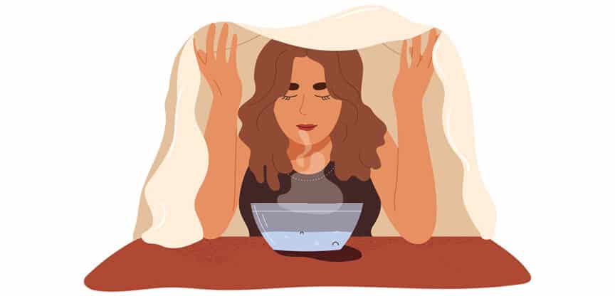Illustration einer Frau, die eine Dampfinhalation mit einem Handtuch über dem Kopf durchführt.
