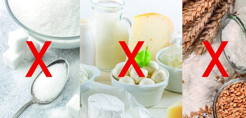 Verbotssymbole über Zucker, Milchprodukten und Weizen, die mögliche Auslöser von Neurodermitis darstellen.