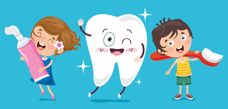 Fröhliche Cartoon-Kinder mit Zahnbürste und Zahnpasta neben einem lachenden, glänzenden Zahn.