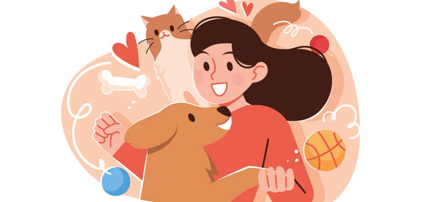 Fröhliche Frau spielt mit Hund und Katze, umgeben von Herzen und Spielzeug.