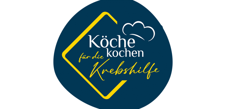 Logo von 'Köche kochen für die Krebshilfe' mit Kochmütze und gelbem Rahmen auf dunkelblauem Hintergrund.