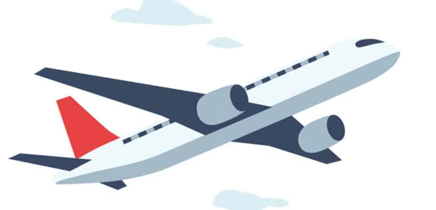 Illustration eines fliegenden Passagierflugzeugs mit rotem Heckflügel und Wolken im Hintergrund.