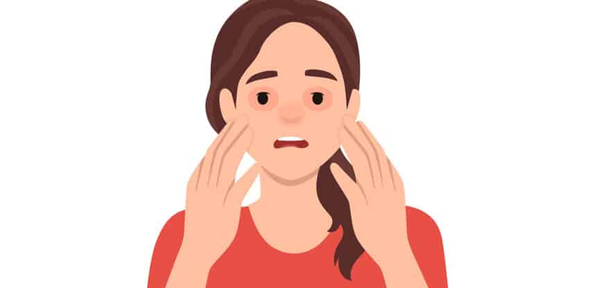 Illustration einer besorgten Frau mit geröteter Nase und Augen.