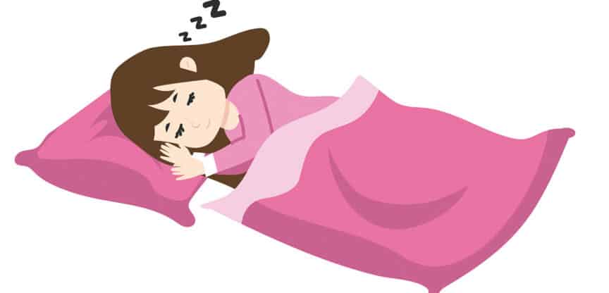 Illustration eines schlafenden Mädchens mit rosa Decke und Kissen.