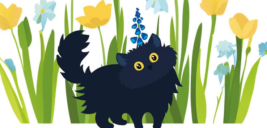 Illustration einer flauschigen schwarzen Katze mit großen gelben Augen, umgeben von bunten Frühlingsblumen.