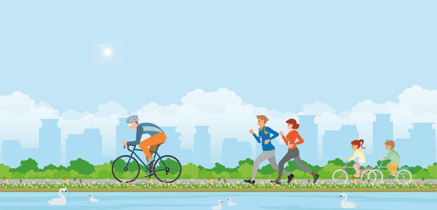 Illustration von Menschen, die in einem Park joggen und Rad fahren, mit einer Stadt im Hintergrund.