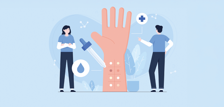 Illustration eines Allergietests auf einer Hand mit Tropfpipette und medizinischen Symbolen.