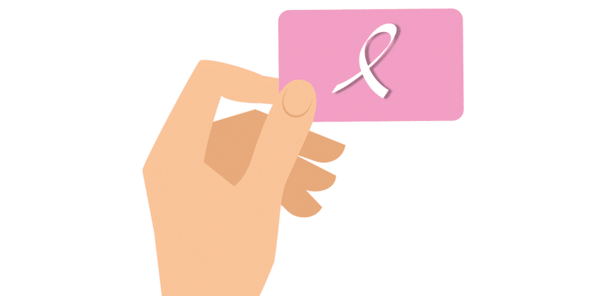 Illustrierte Hand hält eine rosa Karte mit einer weißen Schleife.