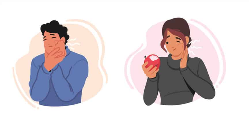 Illustration eines Mannes mit Halsschmerzen und einer Frau mit Zahnschmerzen beim Essen eines Apfels.