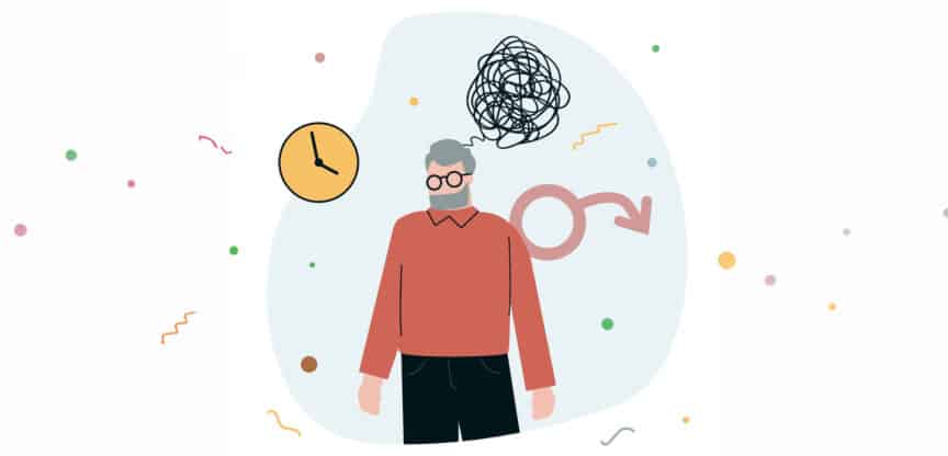 Illustration eines älteren Mannes mit verwirrter Gedankenwolke, Uhr und männlichem Symbol im Hintergrund.