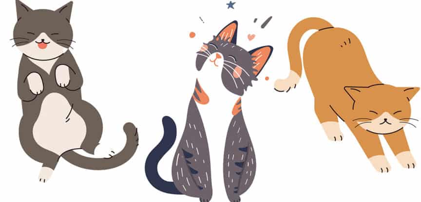 Drei gezeichnete Katzen in verschiedenen niedlichen Posen