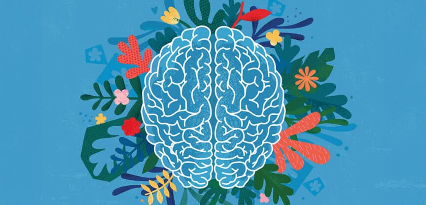 Illustration eines Gehirns auf blauem Hintergrund, umgeben von bunten Blättern und Blumen, symbolisiert mentale Gesundheit und positives Denken.