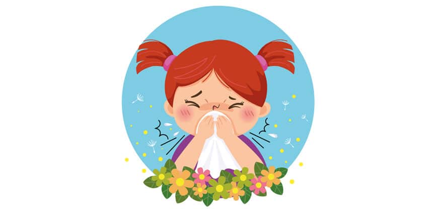 Illustration eines Mädchens mit roten Zöpfen, das sich wegen einer Pollenallergie die Nase mit einem Taschentuch putzt, umgeben von Blumen und fliegenden Pollen.