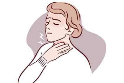 Illustration einer Person mit schmerzverzerrtem Gesicht, die sich an den Hals fasst – symbolisiert Halsschmerzen oder Schluckbeschwerden.