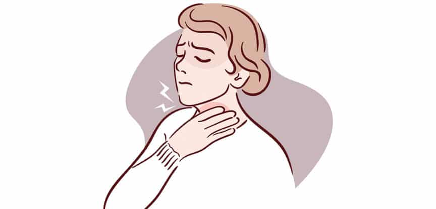 Illustration einer Person mit schmerzverzerrtem Gesicht, die sich an den Hals fasst – symbolisiert Halsschmerzen oder Schluckbeschwerden.