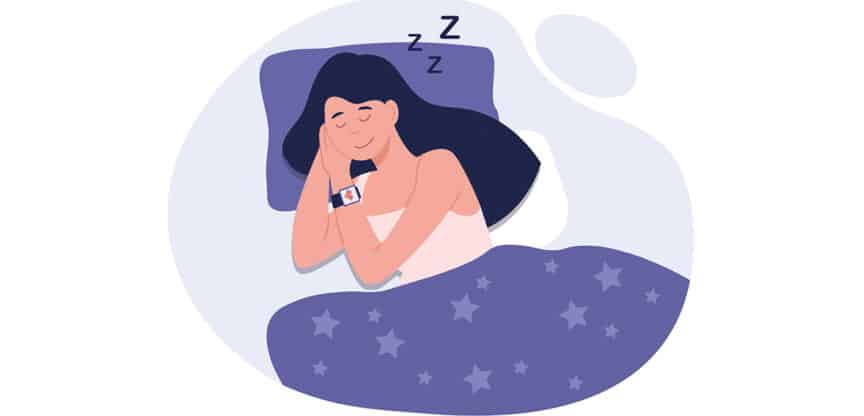 Illustration einer schlafenden Frau mit Fitnessarmband im Bett unter einer Decke mit Sternenmuster.
