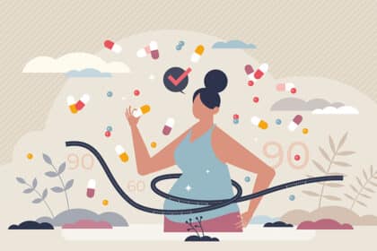 Illustration einer Frau mit Maßband um die Taille, umgeben von schwebenden Kapseln und Zahlen – symbolisiert Gewichtsreduktion durch Medikamente oder Nahrungsergänzungsmittel.