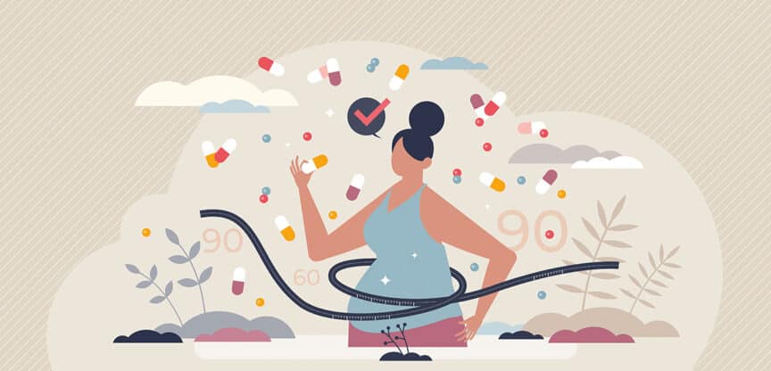 Illustration einer Frau mit Maßband um die Taille, umgeben von schwebenden Kapseln und Zahlen – symbolisiert Gewichtsreduktion durch Medikamente oder Nahrungsergänzungsmittel.