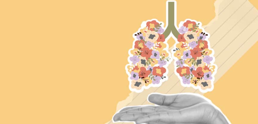 Collage aus gezeichneter Hand und blumengeschmückter Lunge auf gelbem Hintergrund – symbolisiert Atemgesundheit und Naturheilkunde.