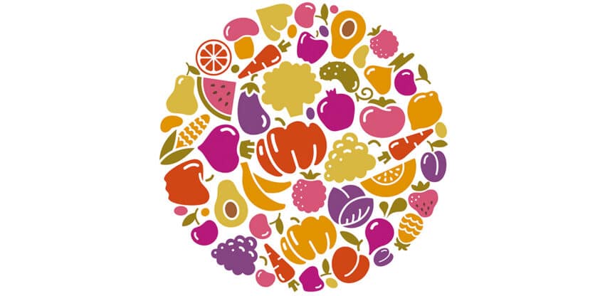 Bunte Illustration von Obst- und Gemüsesymbolen in Kreisform angeordnet – symbolisiert gesunde, pflanzliche Ernährung und Vielfalt.