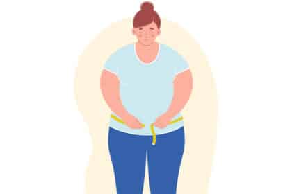 Illustration einer übergewichtigen Frau mit traurigem Gesichtsausdruck, die sich mit einem Maßband um die Taille misst.