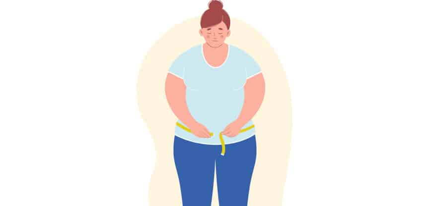 Illustration einer übergewichtigen Frau mit traurigem Gesichtsausdruck, die sich mit einem Maßband um die Taille misst.