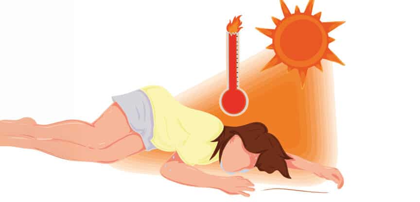 Illustration einer bewusstlosen Person mit Hitzeschlag unter sengender Sonne und rotem Thermometer – Symbol für Überhitzung und Dehydrierung.