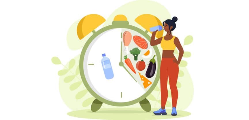 Illustration einer sportlichen Frau mit Wasserflasche vor einer Uhr, in deren Ziffernblatt gesunde Lebensmittel wie Gemüse, Fleisch, Fisch und Käse abgebildet sind – Symbol für Intervallfasten oder ausgewogene Ernährung nach Zeitplan.