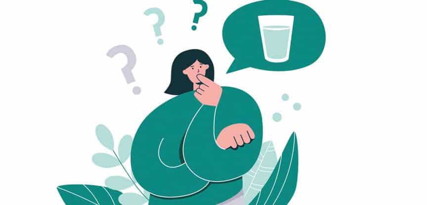 Illustration einer nachdenklichen Frau mit Fragezeichen über dem Kopf und einem Gedankenblasen-Symbol mit einem Glas Wasser – symbolisiert Unsicherheit oder Fragen zum Trinken oder zur Flüssigkeitszufuhr.