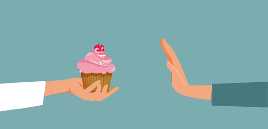 Illustration einer Hand, die einen rosa Cupcake mit Kirsche anbietet, während eine andere Hand mit einer abwehrenden Geste das Angebot ablehnt.