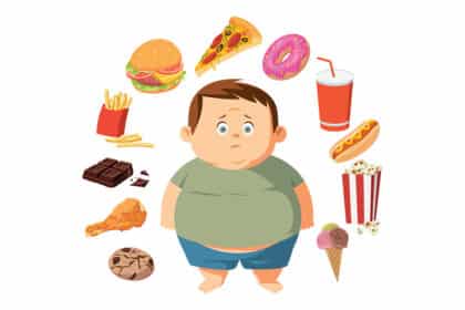 Übergewichtiges Kind steht traurig inmitten ungesunder Lebensmittel wie Burger, Pommes, Pizza, Donuts, Schokolade und Limonade – symbolisch für falsche Ernährung und Gesundheitsrisiken.