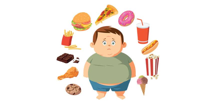 Übergewichtiges Kind steht traurig inmitten ungesunder Lebensmittel wie Burger, Pommes, Pizza, Donuts, Schokolade und Limonade – symbolisch für falsche Ernährung und Gesundheitsrisiken.