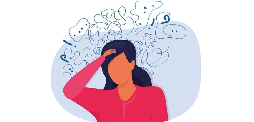 Illustration einer Frau mit dunklen Haaren, die sich an den Kopf fasst – umgeben von chaotischen, wirren Symbolen, die mentale Überforderung oder Stress darstellen.