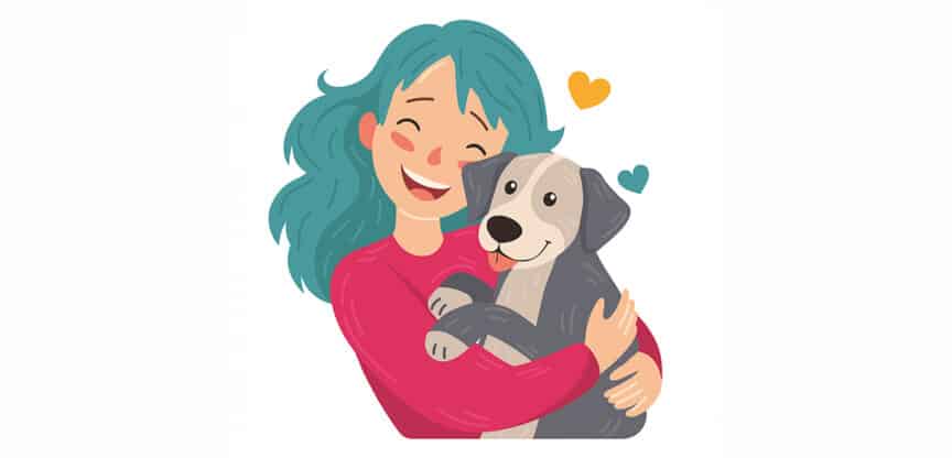 Fröhliche Frau mit türkisfarbenen Haaren umarmt liebevoll einen grau-weißen Hund, umgeben von kleinen Herzsymbolen.