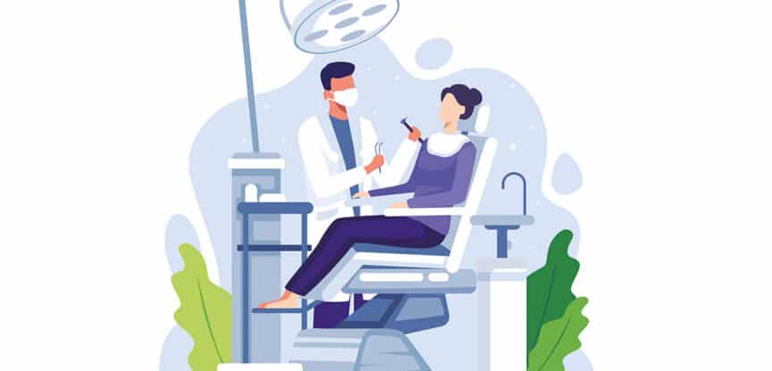 „Illustration eines Zahnarztes, der eine Patientin in einem modernen Behandlungsstuhl untersucht. Beide befinden sich in einer freundlich gestalteten Praxis mit medizinischen Geräten und Deckenlampe.“