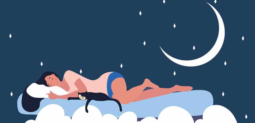 Frau schläft friedlich auf einer Wolke unter einem Nachthimmel mit Mond und Sternen; eine Katze liegt entspannt an ihrer Seite – Symbol für Ruhe und guten Schlaf.
