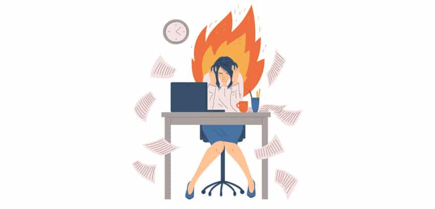 Illustration einer gestressten Frau, die an einem Schreibtisch sitzt, den Kopf in den Händen hält und umgeben von fliegenden Blättern ist. Hinter ihr lodern symbolisch große Flammen, die Burnout darstellen.