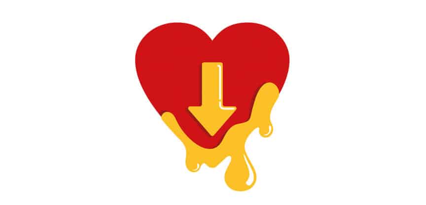 Rotes Herz mit gelbem Pfeil nach unten und tropfender gelber Flüssigkeit – Symbol für Cholesterinsenkung.