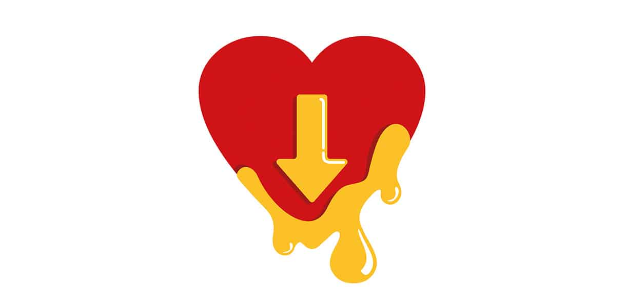 Rotes Herz mit gelbem Pfeil nach unten und tropfender gelber Flüssigkeit – Symbol für Cholesterinsenkung.