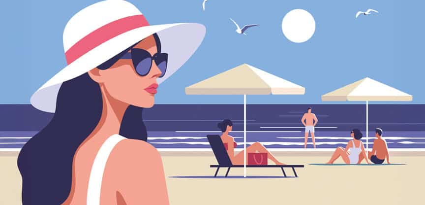 Frau mit Hut und Sonnenbrille beobachtet Menschen, die am sonnigen Strand unter Sonnenschirmen entspannen.